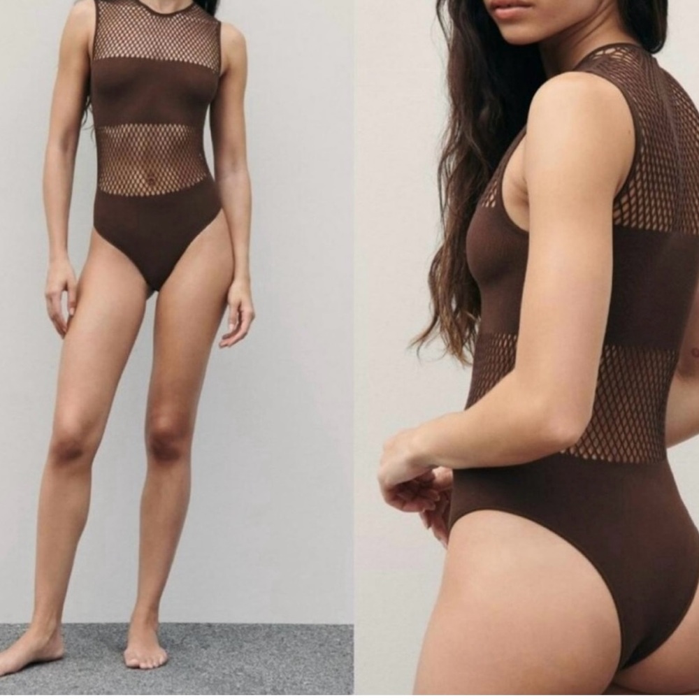 Zara Brown Mesh Panel Sleeveless Bodysuit